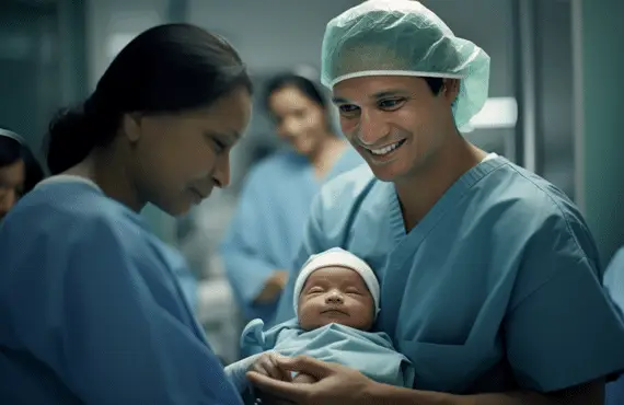 A doctor handling a baby born in hospital to her mother